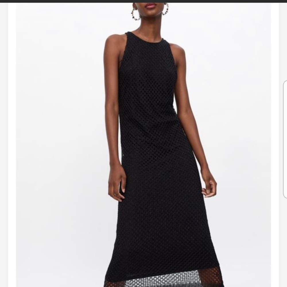 ZARA Black Mesh Net Midi Dress Size M Sheer Overlay Sleeveless Minimal Chic